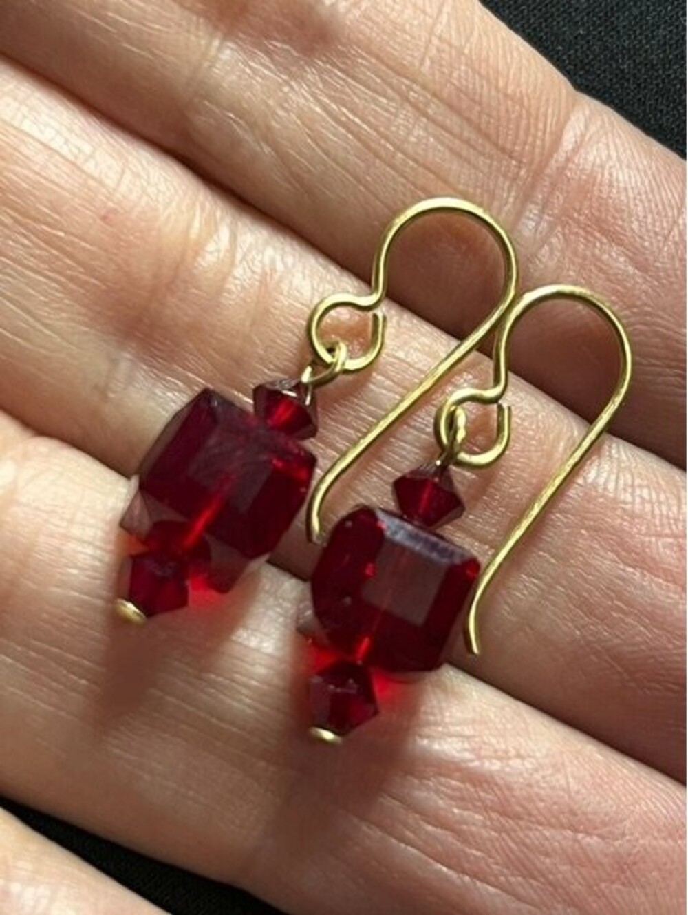 B7053 Gold filled *unmarked Dangle Earrings 1.25" Ruby Red Crystal Faceted Beads